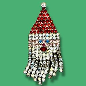 Santa Face Rhinestone Pin Dangle Beard Pendant 2.5” Vintage Christmas Kitsch